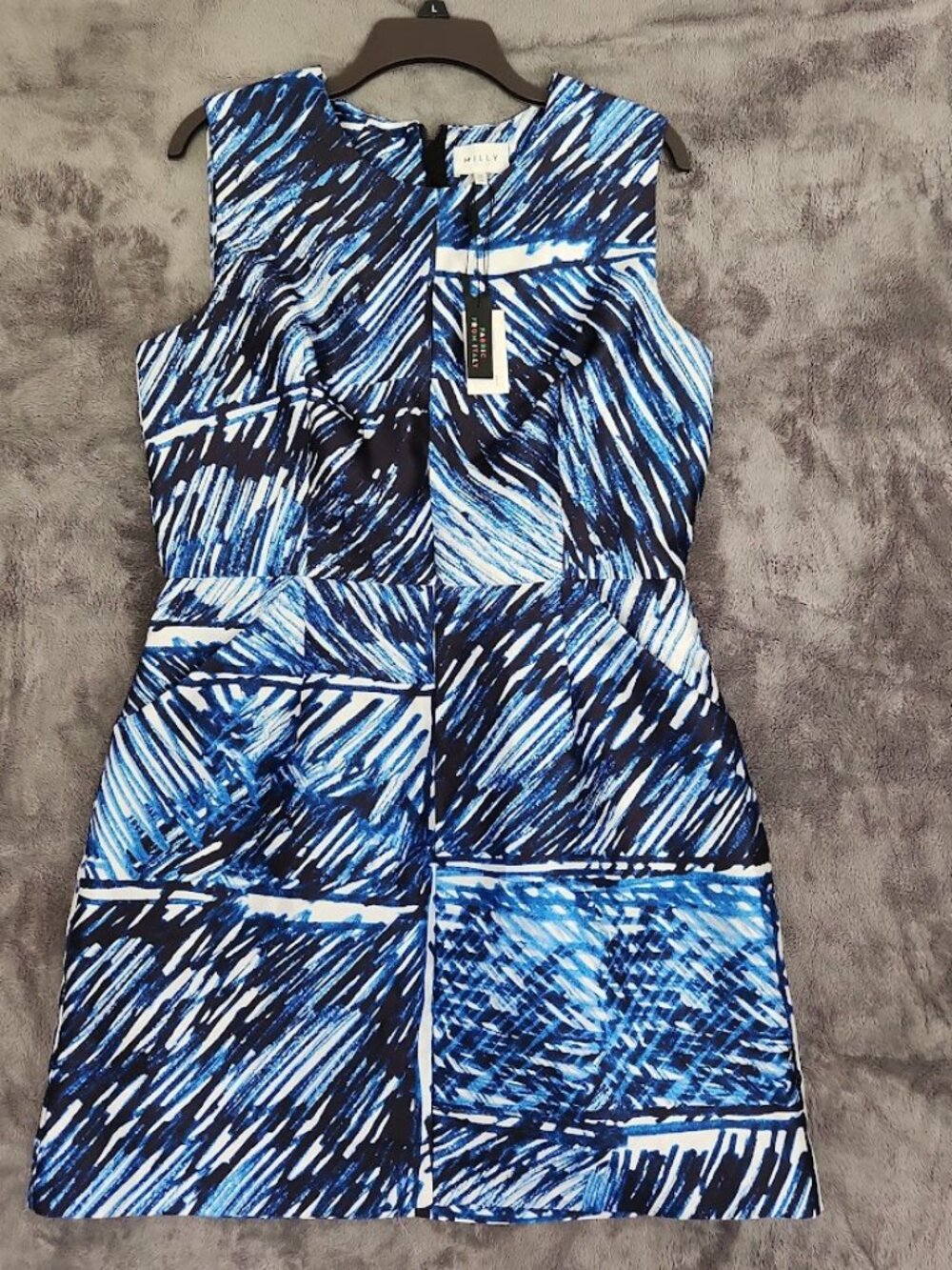 MILLY Coco Dress Blue White Scribble Print Twill Sheath Womens Size 14 NWT